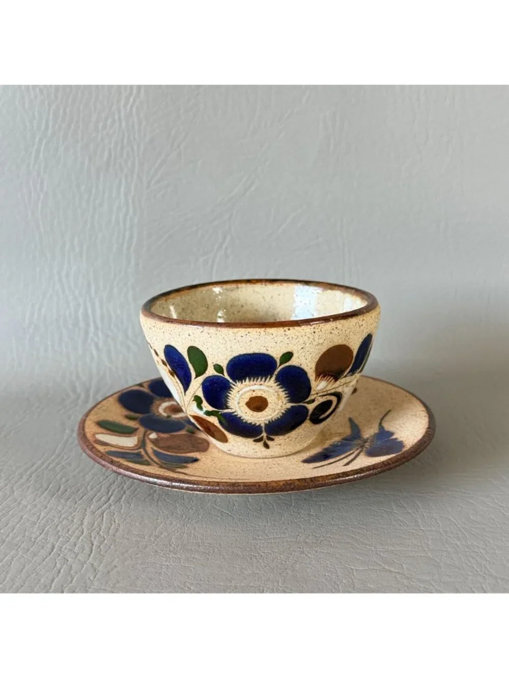 Vintage Tonala Mexico Studio Pottery Cup Saucer Set Signed Blue Butterfly 6